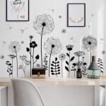 Stickers muraux fleurs de pissenlit noir plantes autocollant sticker mural pour salon chambre cuisine ...