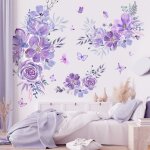 Stickers muraux fleurs violette autocollant mural floral aquarelle hortensias deco stickers chambre salon ...