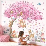 Sticker mural for�t animaux et fleurs cerf renard fleurs roses d�coration b�b� fille chambre