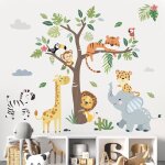 Stickers muraux jungle arbre safari �l�phant girafe lion d�coration murale chambre b�b� salon
