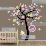 Stickers muraux - vendeur mouton - enfant arbre et hibou - violet - asym�trique - style enfant