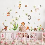 Stickers muraux - pissenlit animaux - ours renard - pvc auto - adh�sif - d�coration enfant - 3 feuilles ...