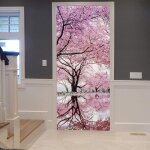 Sticker porte autocollant poster de porte 3d arbre de fleur de cerisier rose japonais avec reflet dans ...
