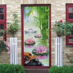 Sticker porte autocollant poster de porte 3d bambou vert fleurs de lotus cygnes dans leau affiche de ...
