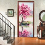 Sticker porte autocollant poster de porte 3d cerisier oriental sakura sur le lac paysage de peinture ...