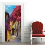 Sticker porte fleurs et rue papier peint pour porte stickers trompe loeil papier peint 3d trompe loeil ...