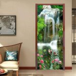 Stickers porte poster 77x200cm tang de lotus cascade 3d papier peint trompe loeil salon dcoration de ...