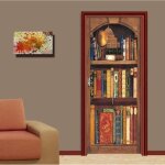 Stickers porte poster biblioth�que 3d papier peint porte trompe loeil pour salon d�coration de la maison ...