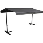 Store double pente frene sur pieds 395 x 3 m - toile anthracite et structure grise Store double pente frene sur pieds 395 x 3 m - toile anthracite et structure grise