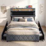 Structure de lit 140 x 200cm costway avec led ports usb lit adulte 2 places avec t�te r�glable tiroirs ...