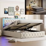 Lit coffre 140x200 structure de lit avec sommier t�te de lit avec led avec usb + type - c motif diamant ...