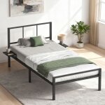 Structure de lit 90 x 190 cm avec sommier �tag�res de rangement t�te de lit facile � monter pour chambre ...
