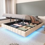 Structure de lit adulte 180 x 200 cm en tissu lin - sans t�te de lit - lit coffre avec led et espace ...