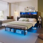 Structure de lit double 140 x 190 cm - sommier � lattes - avec table de chevet - avec usb et dun �clairage ...