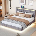 Structure de lit double 160x200 cm lit flottant lit avec �clairage led et usb t�te de lit r�glable cadre ...