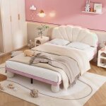 Lit rembourr� enfant - 140 x 200 cm - sommier � lattes - velours beige + rose - t�te de lit led
