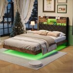 Structure de lit flottant 140x190 cm avec led 2 personnes t�te de lit rembourr�e rangement et station ...