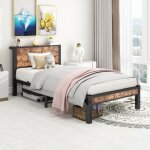 Structure de lit - kodise - lit m�tal 90x200 - t�te de lit rangement - marron r�tro - sommier � lattes ...