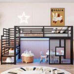 Structure de lit mezzanine en m�tal 90 x 200 cm - avec �chelle espace de rangement �clairage led - noir ...