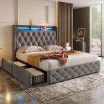 Lit coffre - structure 140x190 - tissu velours - led int�gr�e & usb - 4 tiroirs