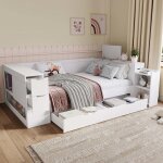 Structure de lit simple 90 x 190 cm - avec tiroirs table de chevet et espace de rangement - blanc - sommier ...