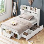Lit simple - 90 x 190 cm - sommier � lattes - ports usb & type - c - tiroirs et rangements int�gr�s