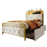 Structure de lit simple 90 x 200 cm - avec ports usb et �clairage led - lattes en m�tal - 2 tiroirs - ...