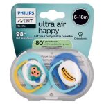 Sucettes - avent ultra air happy 2 sucettes orthodontiques de 6 � 18 mois (mod�le : singe et banane)