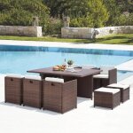 Sunset 10 - salon de jardin encastrable 10 places avec fauteuils et poufs en r�sine tress�e marron et ...