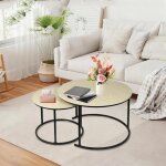 Supfine lot de 2 tables basses rondes gigognes de salon en mdf + m�tal plateau de table aspect marbre ...