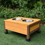 Double gamelle en inox avec support bois pour niche extrieur bois