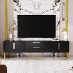 Support tv noir meuble tv bas avec deux tiroirs et portes meuble bas moderne commode t�l�vision pour ...