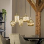 Suspension 5 lampes 120x20x150 cm en verre ambr et mtal