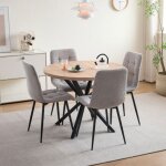 Ensemble de 5 meubles - table ronde de cuisine - pi�tement m�tallique - 4 chaises en lin - chair grise ...