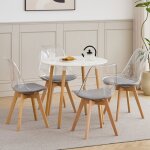 Table et 4 chaises - table de salle � manger ronde blanche - chaises transparentes avec coussins en pu ...