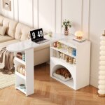 Table bar extensible 120 - 180 cm blanche effet marbre �lot de cuisine pivotant avec rangement et niche ...