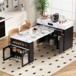 Table de bar extensible avec prises �lectriques plateau effet marbre et portes vitr�es �lot de cuisine ...