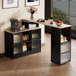 Table de bar extensible avec rangement table haute � manger moderne sur roulettes 360� 3 �tag�res ouvertes ...