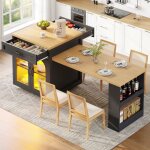 Table de bar avec led et 2 tiroirs �lot de cuisine extensible avec portes en verre et �tag�res r�glables ...