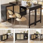 Table de bar pivotante 360� extensible avec rangement meuble noir avec portes en rotin et �tag�res