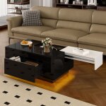 Table basse avec 1 tiroir plateau extensible et led - tcqpz - laqu�e noir et blanc mdf pour salon 80�50�355 ...
