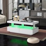 Table basse 100 cm blanc laqu� brillant ? led usb ? 6 panneaux verre ? 2 tiroirs ? design moderne ? m�lamin� ...