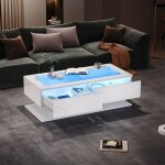 Table basse 100 x 50 x 35 cm laqu�e blanche 2 tiroirs plateau en verre tremp� et �clairage led table ...