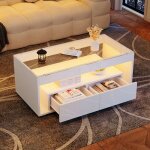 Table basse 100 x 50 x 40 cm blanc laqu� plateau verre tremp� 2 tiroirs & 2 �tag�res led (commande app) ...