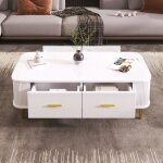 Table basse - 105x51x38 cm - blanc - poign�es dor�es - coins arrondis - 4 tiroirs