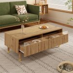 Table basse 110 x 50 x 40 cm led 7 couleurs 2 tiroirs acrylique mdf pieds bois dor�