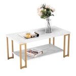 Table basse 2 etages en mtal dor avec imprime marbre design moderne - 100x51x46cm