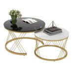 Table basse 70x70x45cm, lot de 2 table de salon avec motif de marbre blanc et or, cadre mtallique ronde ...