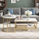 Table basse - lot de 2 - style marbre - pieds r�glables - rangement - m�tal dor� & blanc