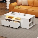 Table basse avec 2 tiroirs 1 niche ouverte et 3 compartiments led - tcqpz - laqu�e blanche pour salon ...